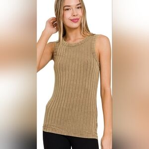 Zenana ribbed sleeveless super soft mineral washed tank honey mustard NWOT Med